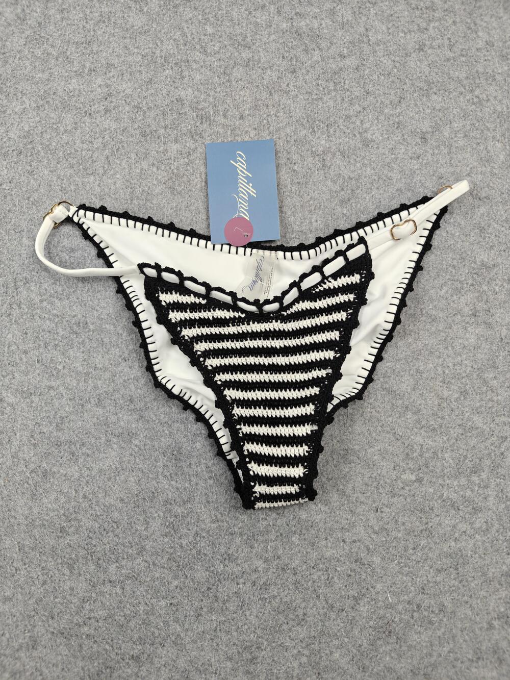 Capittana Swimsuit Womens Large White Black Striped Brazilian Crochet Lined